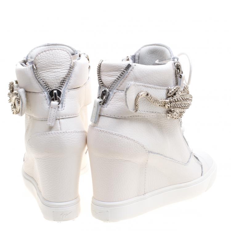 Pre Owned Guiseppe Zanotti Off White Leather Gator Detail High Top Wedge Sneakers Size 39 