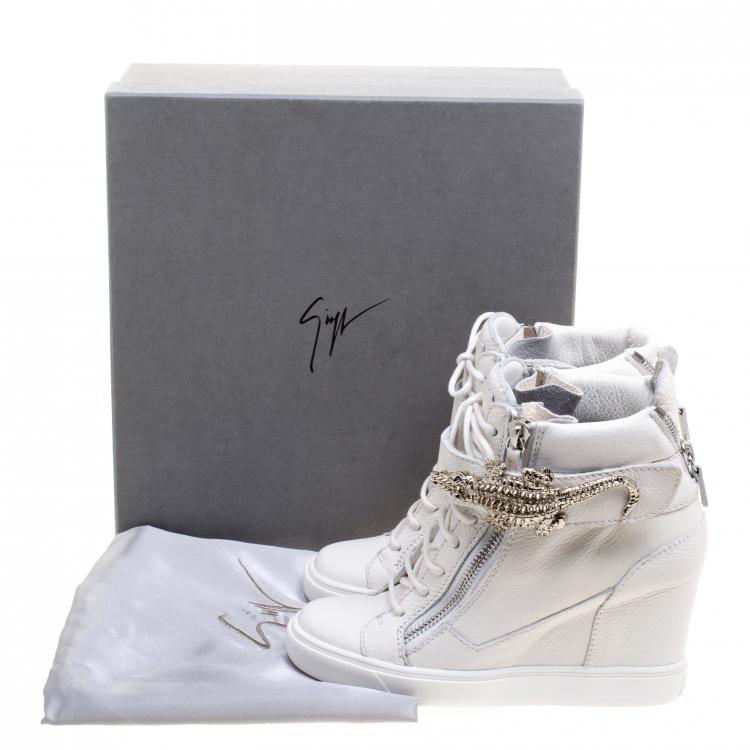 Pre Owned Guiseppe Zanotti Off White Leather Gator Detail High Top Wedge Sneakers Size 39 