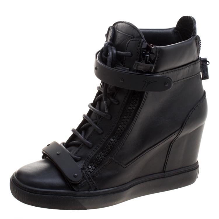 Pre Owned Giuseppe Zanotti Black Leather Lorenz  Wedge Sneakers Size 40