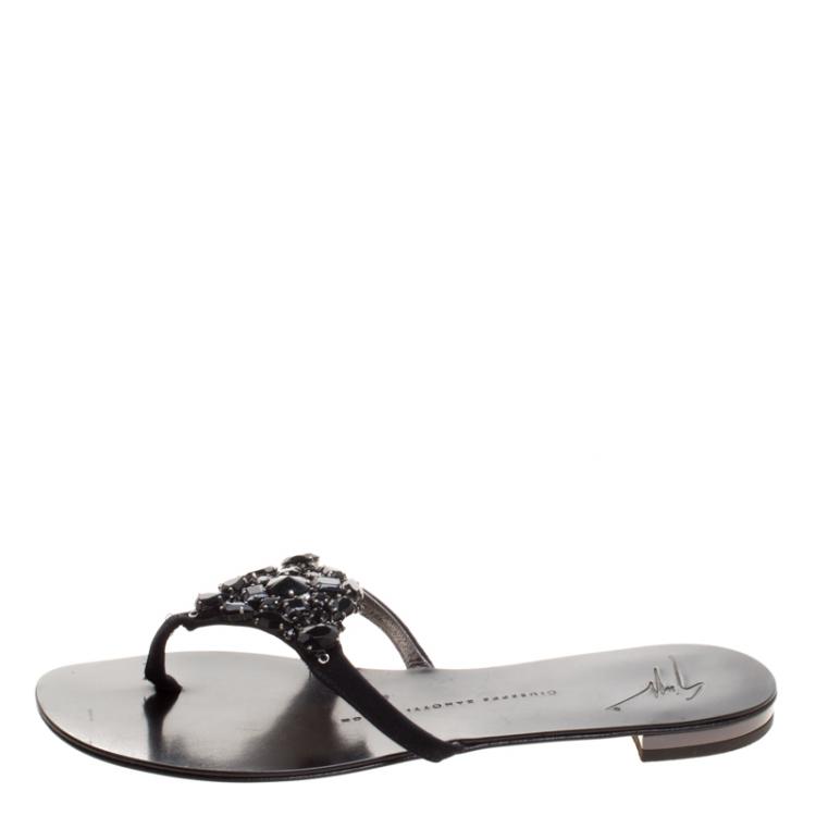 Pre Owned Giuseppe Zanotti Black Crystal Embellished Flat Sandals Size 37.5