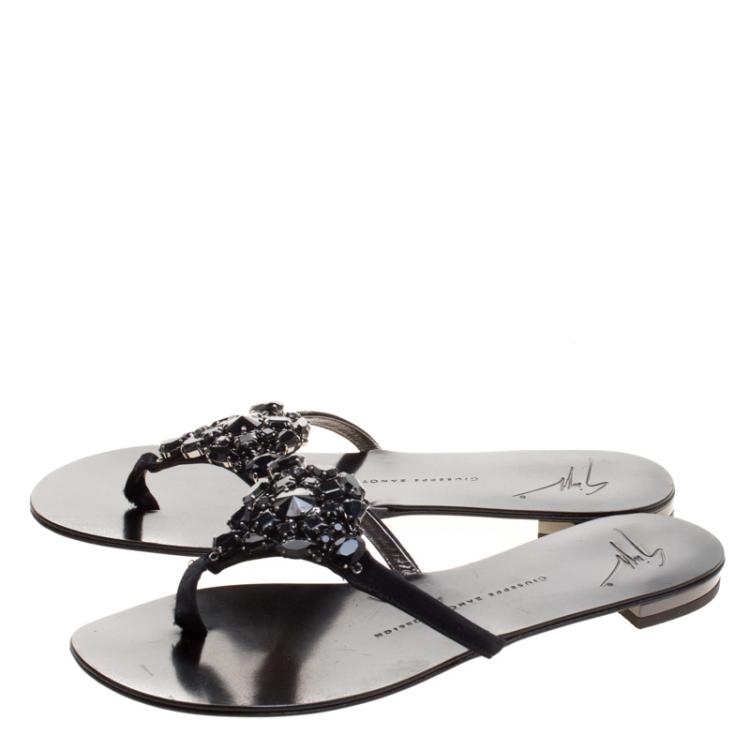 Pre Owned Giuseppe Zanotti Black Crystal Embellished Flat Sandals Size 37.5