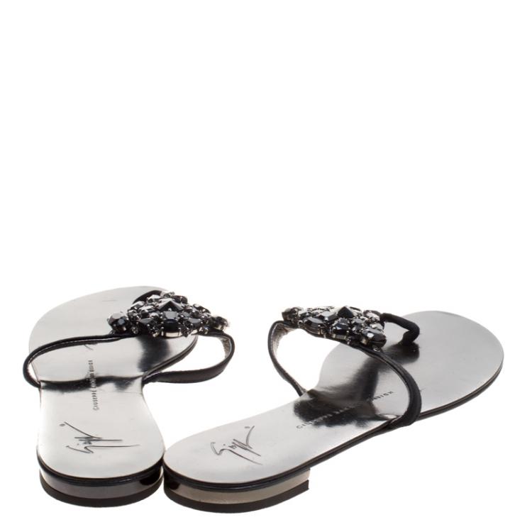 Pre Owned Giuseppe Zanotti Black Crystal Embellished Flat Sandals Size 37.5