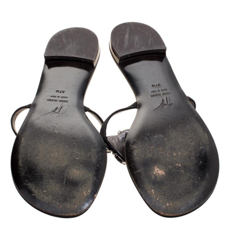 Pre Owned Giuseppe Zanotti Black Crystal Embellished Flat Sandals Size 37.5