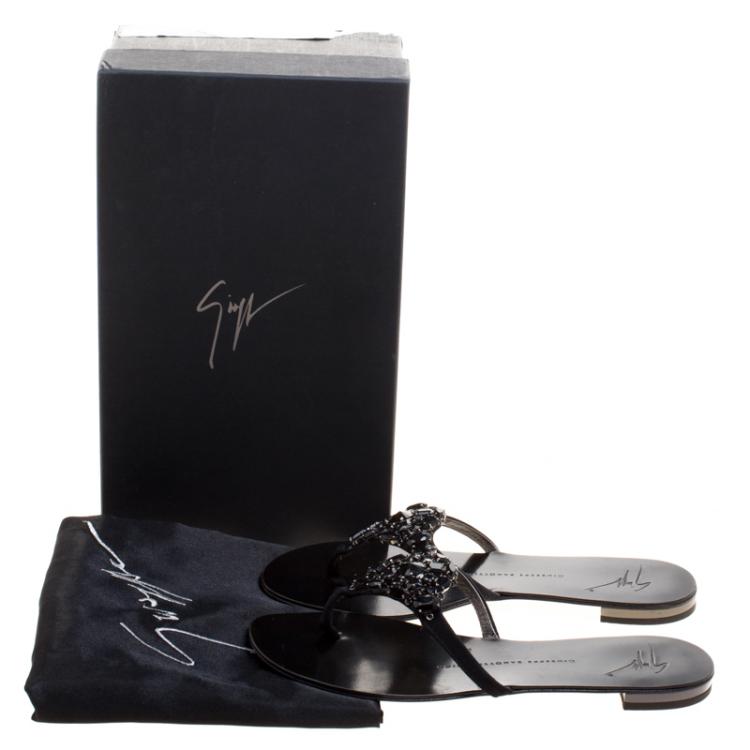 Pre Owned Giuseppe Zanotti Black Crystal Embellished Flat Sandals Size 37.5