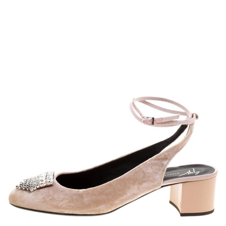 Pre Owned Giuseppe Zanotti Blush Pink Velvet Crystal Embellished Slingback Sandals Size 40