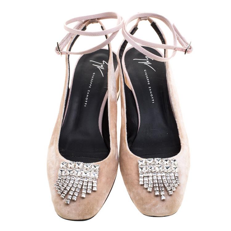 Pre Owned Giuseppe Zanotti Blush Pink Velvet Crystal Embellished Slingback Sandals Size 40