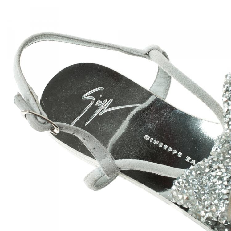 Pre Owned Giuseppe Zanotti Grey Suede Rock Crystal Embellished Bow Flat Thong Sandals Size 36