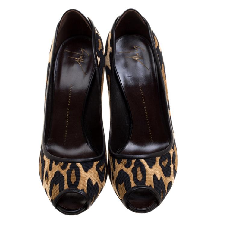 مملوكة مسبقًا Giuseppe Zanotti Leopard Print Fabric Peep Toe Pumps Size 37