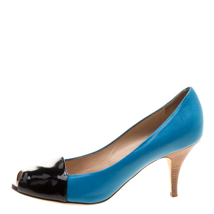 Pre Owned Giuseppe Zanotti Blue/Black Patent Leather Peep Toe Pumps Size 37