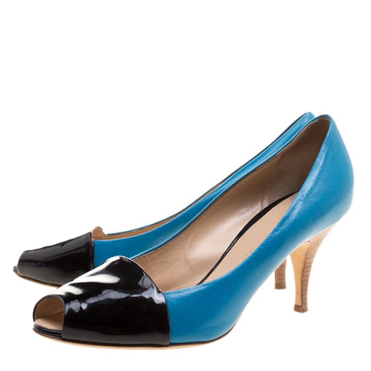 Pre Owned Giuseppe Zanotti Blue/Black Patent Leather Peep Toe Pumps Size 37