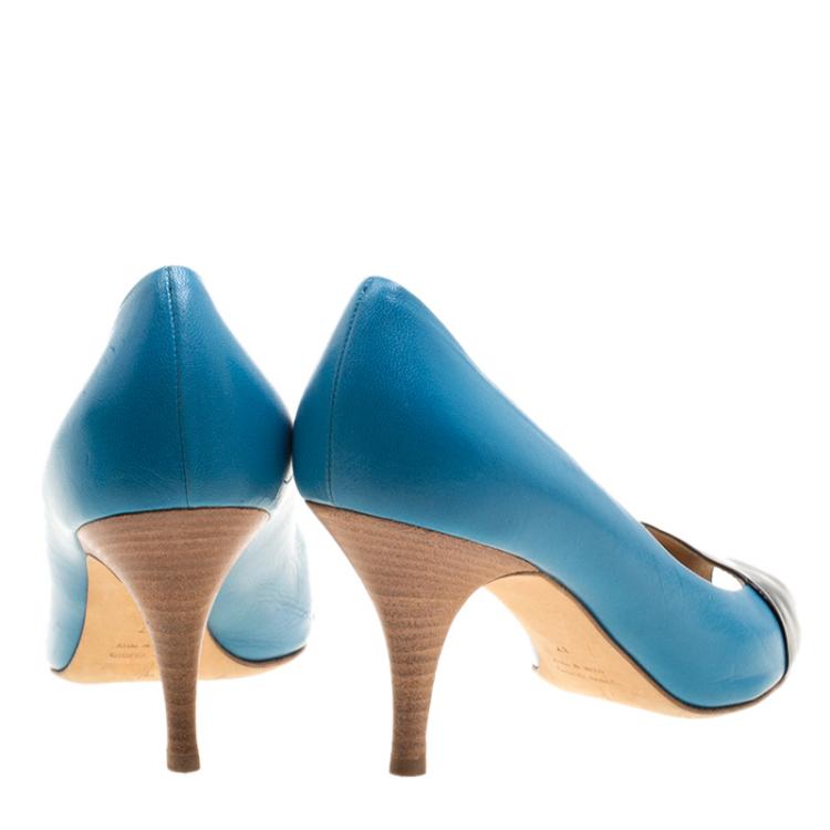 Pre Owned Giuseppe Zanotti Blue/Black Patent Leather Peep Toe Pumps Size 37
