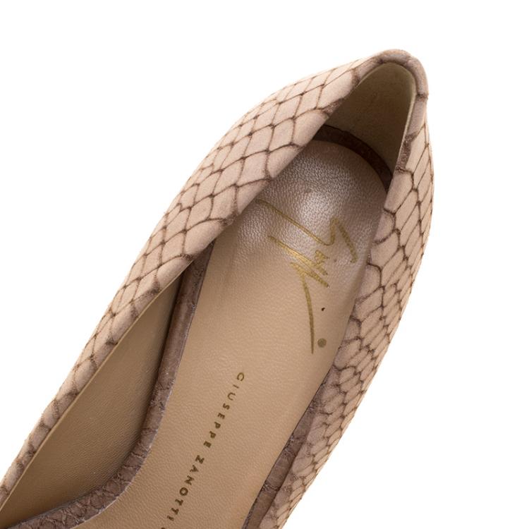 Pre Owned Giuseppe Zanotti Beige Python Embossed Leather Peep Toe Pumps Size 38