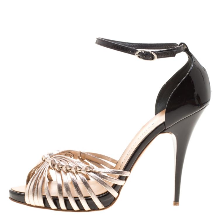 Pre Owned Giuseppe Zanotti Black and Gold Knotted Leather Ankle Strap Sandals Size 39