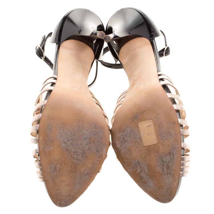 Pre Owned Giuseppe Zanotti Black and Gold Knotted Leather Ankle Strap Sandals Size 39