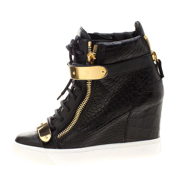 Pre Owned Giuseppe Zanotti Black Croc Embossed Leather Lorenz Wedge Sneakers Size 37