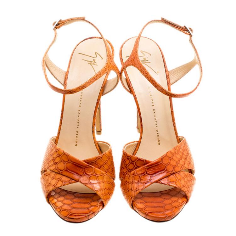 Pre Owned Giuseppe Zanotti Orange Python Embossed Leather Cross Strap Sandals Size 39