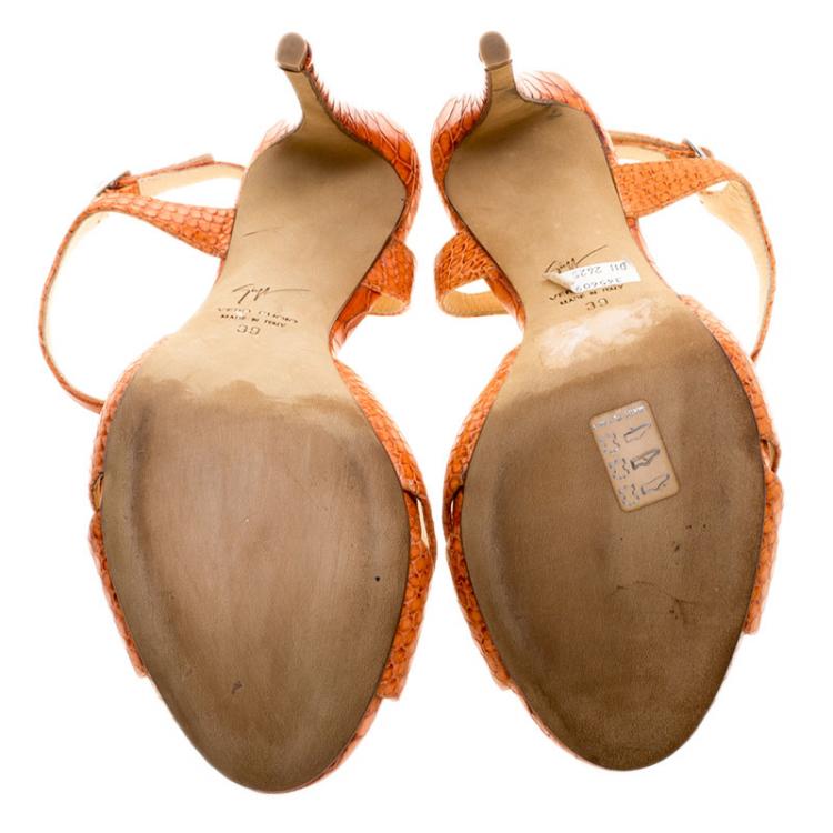 Pre Owned Giuseppe Zanotti Orange Python Embossed Leather Cross Strap Sandals Size 39