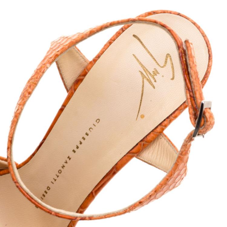 Pre Owned Giuseppe Zanotti Orange Python Embossed Leather Cross Strap Sandals Size 39