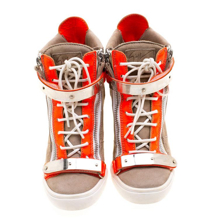 مملوكة مسبقًا Giuseppe Zanotti Beige Suede and Fluorescent Orange Patent Leather Wedge Sneakers Size 40