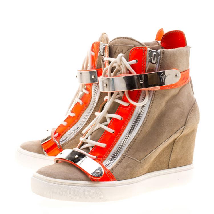 مملوكة مسبقًا Giuseppe Zanotti Beige Suede and Fluorescent Orange Patent Leather Wedge Sneakers Size 40