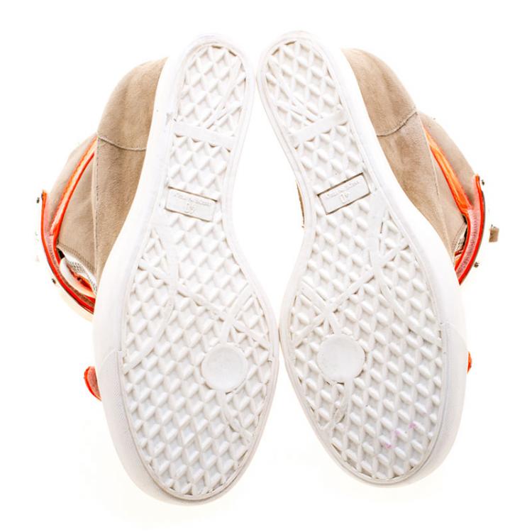 مملوكة مسبقًا Giuseppe Zanotti Beige Suede and Fluorescent Orange Patent Leather Wedge Sneakers Size 40