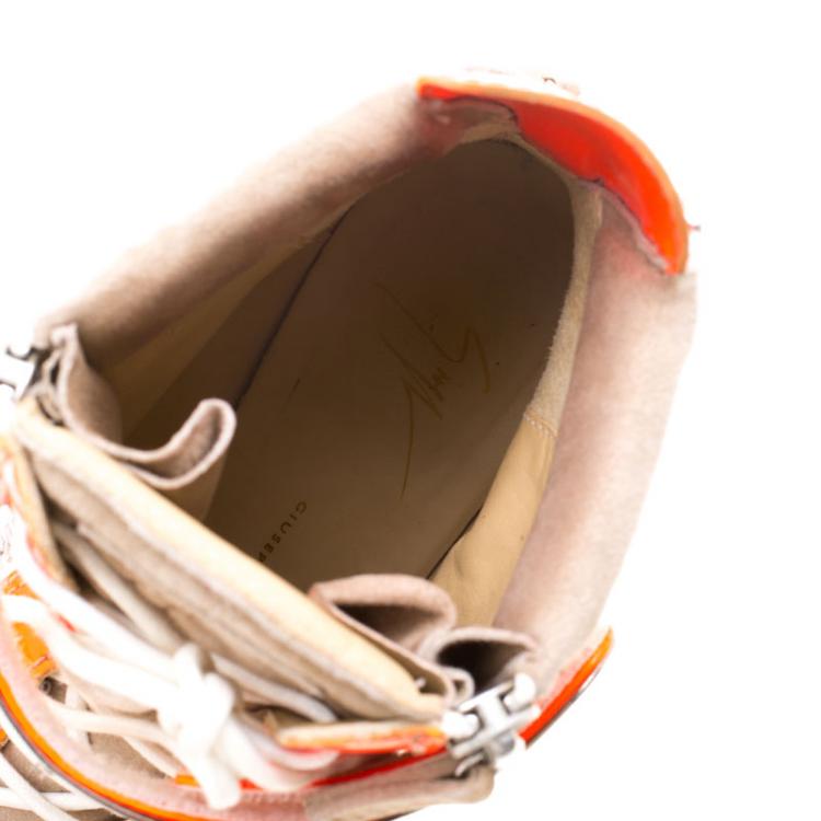 مملوكة مسبقًا Giuseppe Zanotti Beige Suede and Fluorescent Orange Patent Leather Wedge Sneakers Size 40