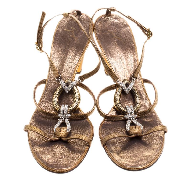 مملوكة مسبقًا Giuseppe Zanotti Metallic Bronze Lizard Embossed Leather Crystal Embellished Strappy Sandals Size 39