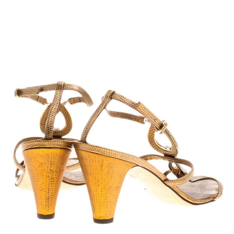 مملوكة مسبقًا Giuseppe Zanotti Metallic Bronze Lizard Embossed Leather Crystal Embellished Strappy Sandals Size 39