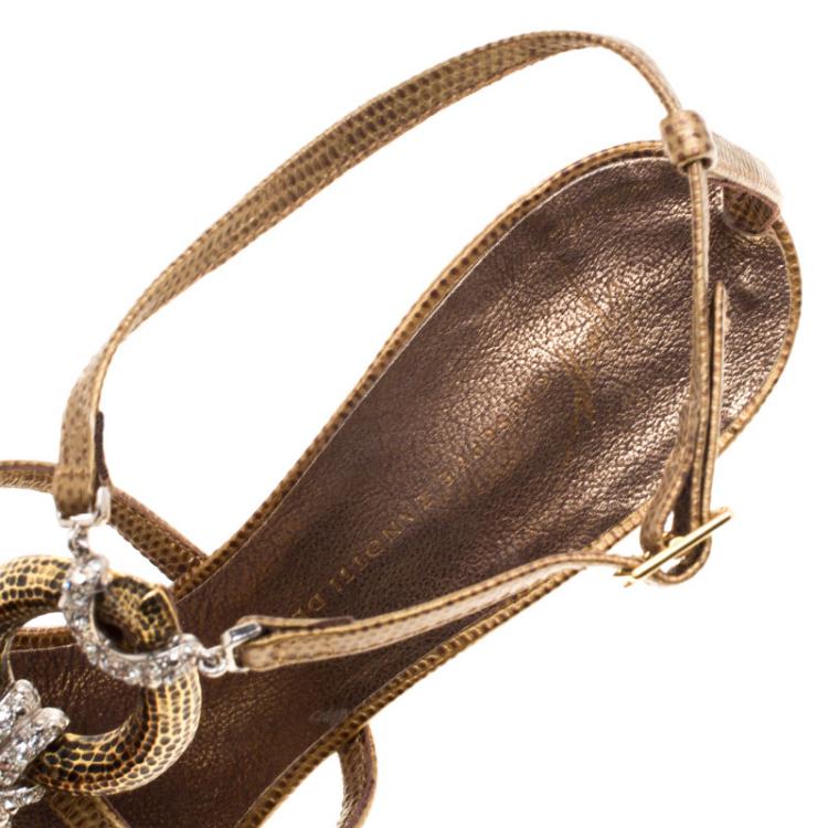مملوكة مسبقًا Giuseppe Zanotti Metallic Bronze Lizard Embossed Leather Crystal Embellished Strappy Sandals Size 39