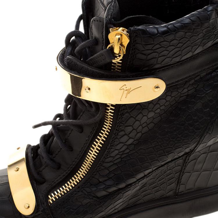 Pre Owned Giuseppe Zanotti Black Croc Embossed Leather Lorenz Wedge Sneakers Size 40