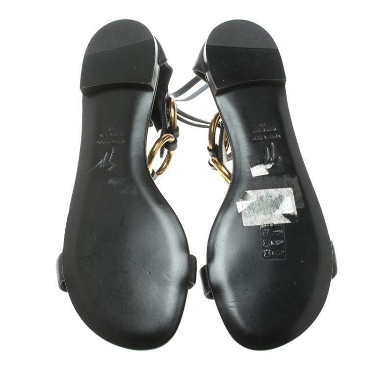 Pre Owned Giuseppe Zanotti Black Leather Gold Ring T Strap Flat Sandals Size 37