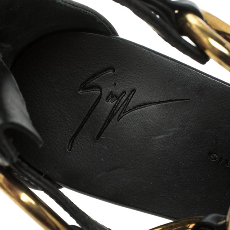 Pre Owned Giuseppe Zanotti Black Leather Gold Ring T Strap Flat Sandals Size 37