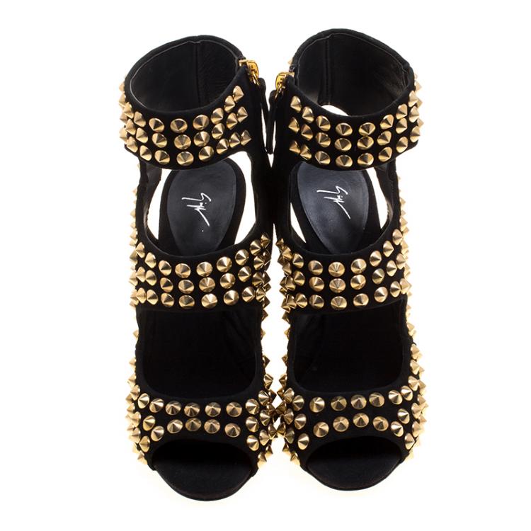 Pre Owned Giuseppe Zanotti Black Stud Embellished Suede Cut Out Peep Toe Sandals Size 37