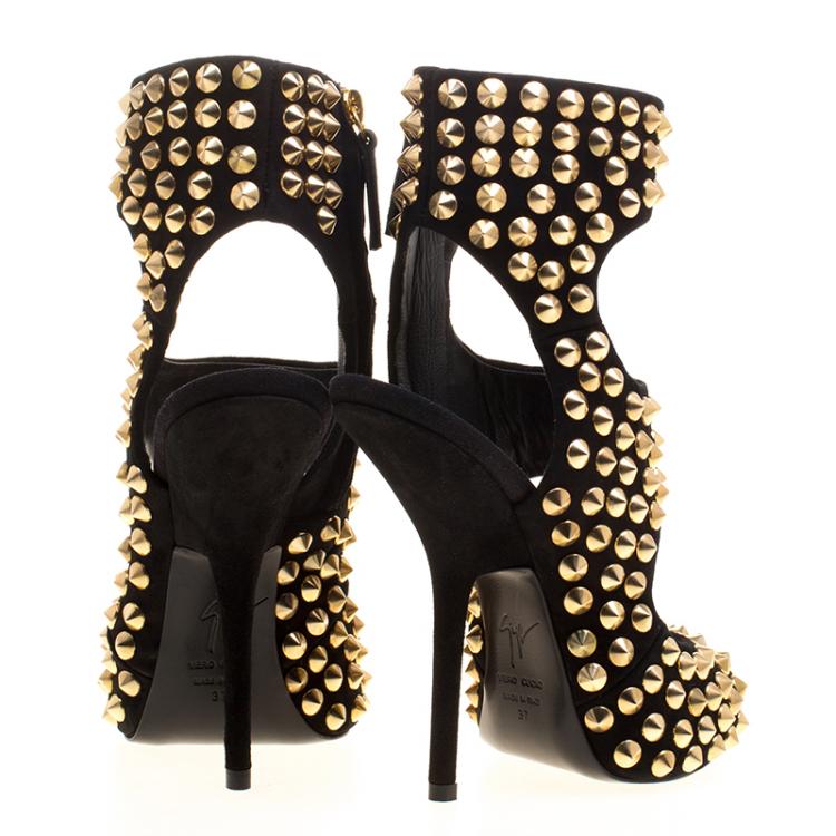 Pre Owned Giuseppe Zanotti Black Stud Embellished Suede Cut Out Peep Toe Sandals Size 37