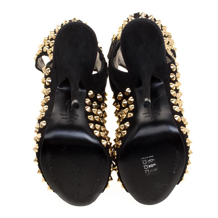 Pre Owned Giuseppe Zanotti Black Stud Embellished Suede Cut Out Peep Toe Sandals Size 37