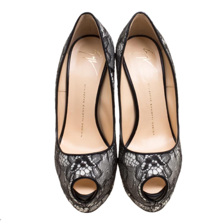 مملوكة مسبقًا Giuseppe Zanotti Monochrome Lace Peep Toe Platform Pumps Size 38