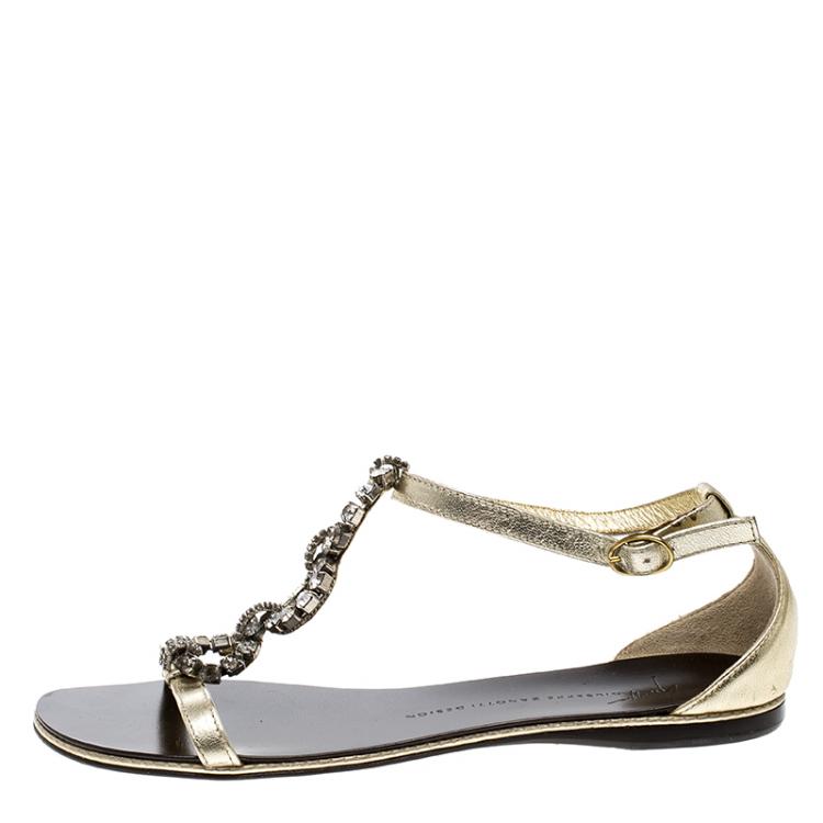 Pre Owned Giuseppe Zanotti Gold Leather Crystal Embellished Flat Sandals Size 36.5