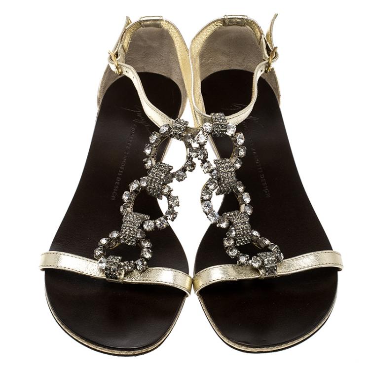 Pre Owned Giuseppe Zanotti Gold Leather Crystal Embellished Flat Sandals Size 36.5