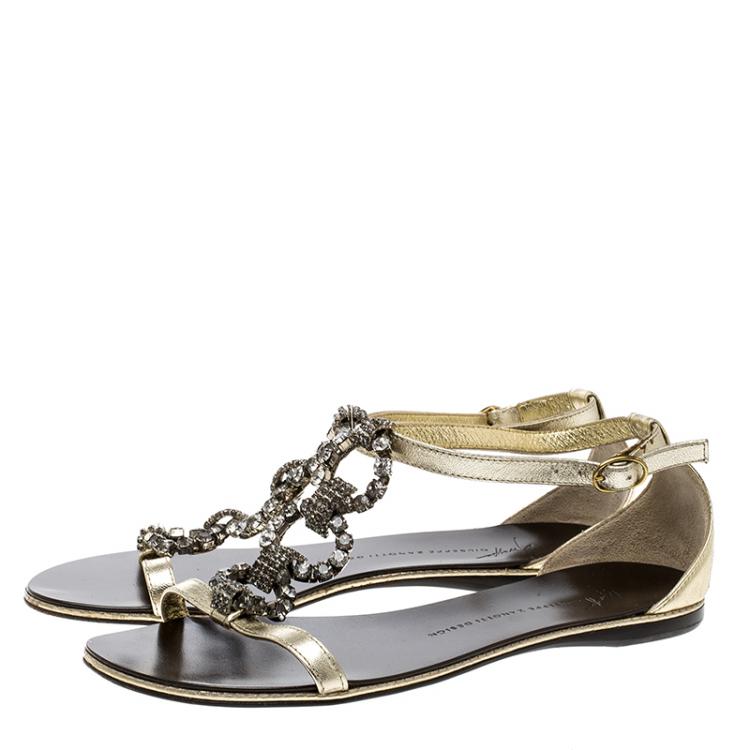 Pre Owned Giuseppe Zanotti Gold Leather Crystal Embellished Flat Sandals Size 36.5
