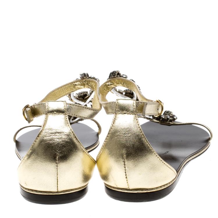 Pre Owned Giuseppe Zanotti Gold Leather Crystal Embellished Flat Sandals Size 36.5