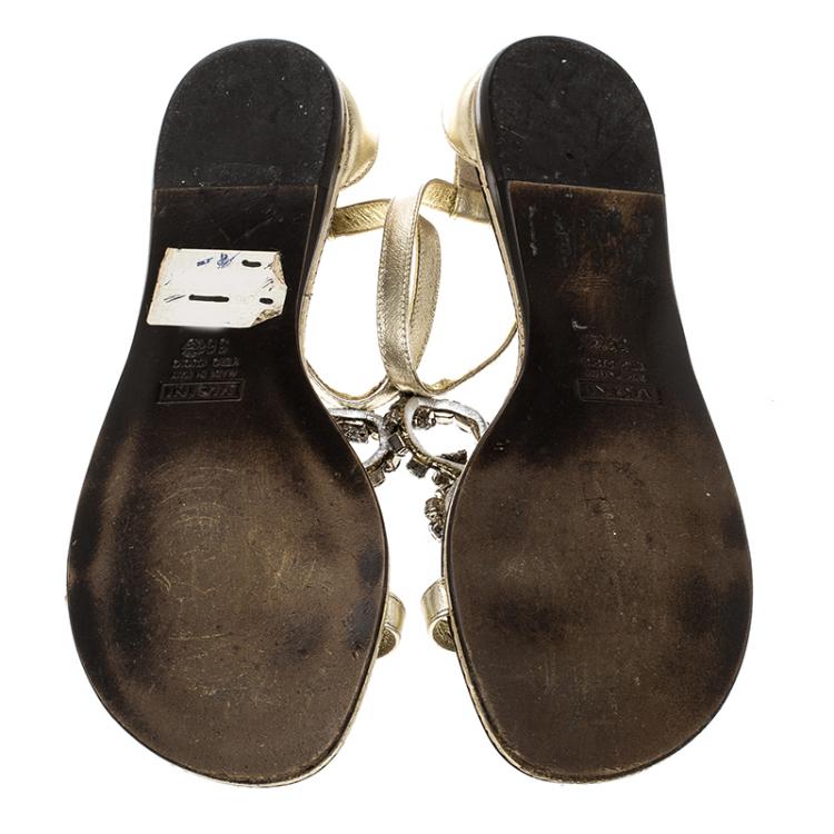 Pre Owned Giuseppe Zanotti Gold Leather Crystal Embellished Flat Sandals Size 36.5