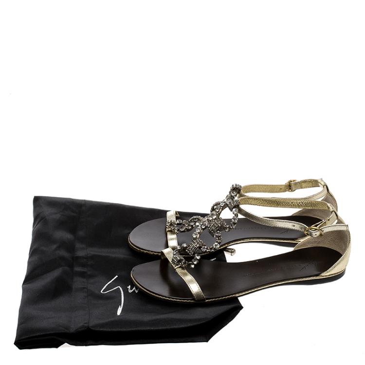 Pre Owned Giuseppe Zanotti Gold Leather Crystal Embellished Flat Sandals Size 36.5