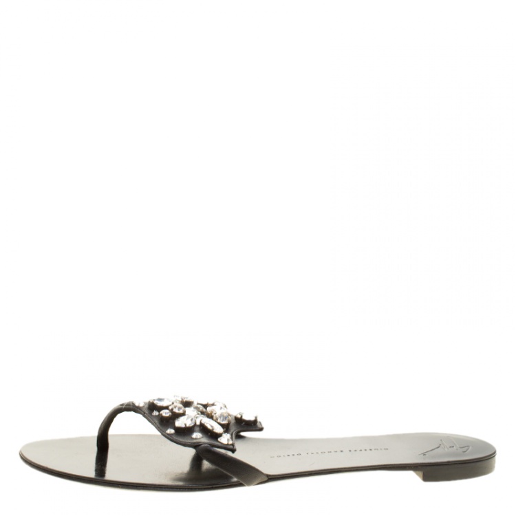 Pre Owned Giuseppe Zanotti Black Leather Crystal Embellished Flat Sandals Size 42