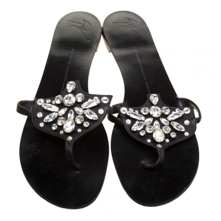 Pre Owned Giuseppe Zanotti Black Leather Crystal Embellished Flat Sandals Size 42