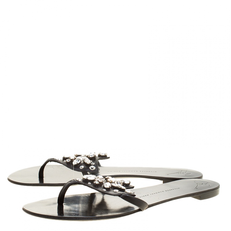 Pre Owned Giuseppe Zanotti Black Leather Crystal Embellished Flat Sandals Size 42