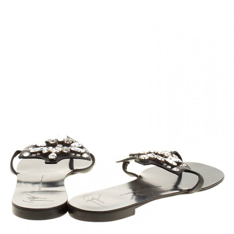 Pre Owned Giuseppe Zanotti Black Leather Crystal Embellished Flat Sandals Size 42