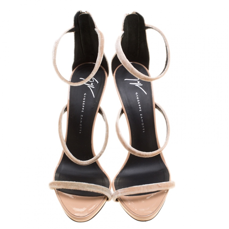 Pre Owned Giuseppe Zanotti Beige Velvet Harmony Ankle Strap Sandals Size 37.5