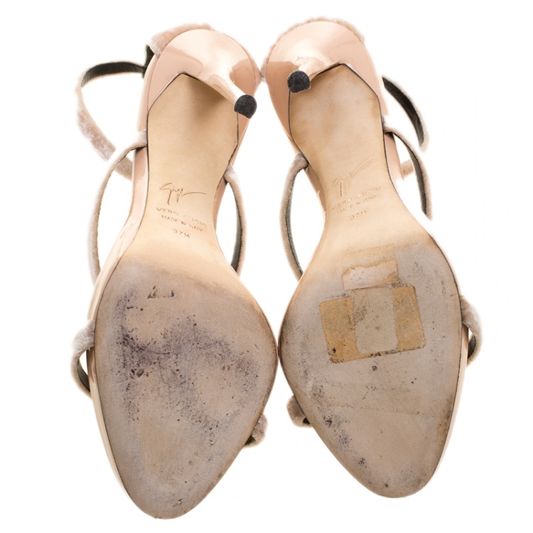 Pre Owned Giuseppe Zanotti Beige Velvet Harmony Ankle Strap Sandals Size 37.5