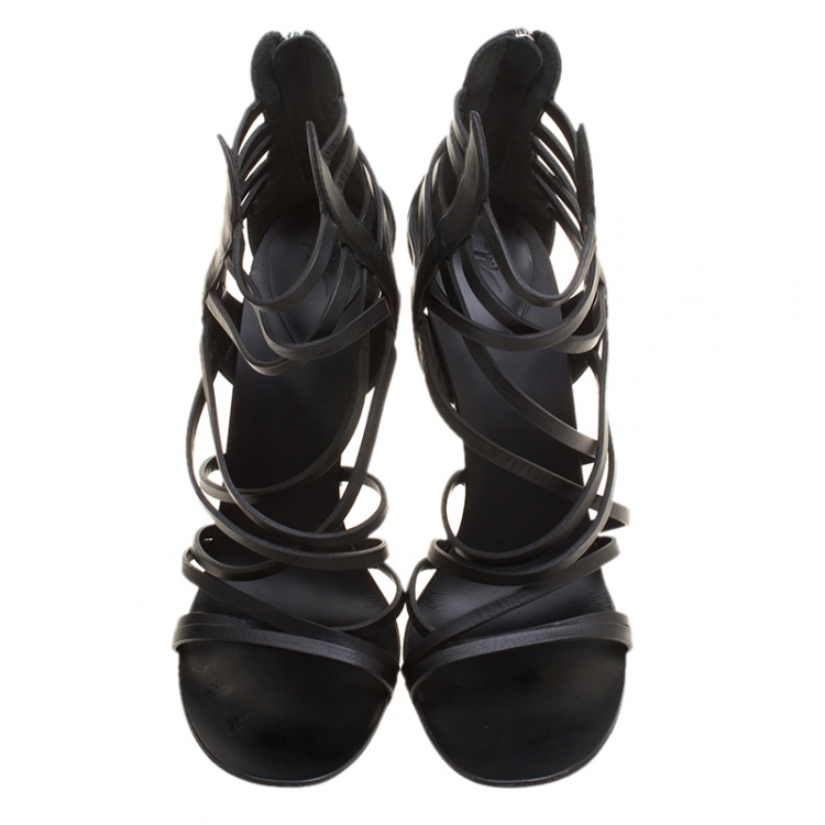 Pre Owned Giuseppe Zanotti Black Leather Henry Strappy Open Toe Sandals Size 38.5