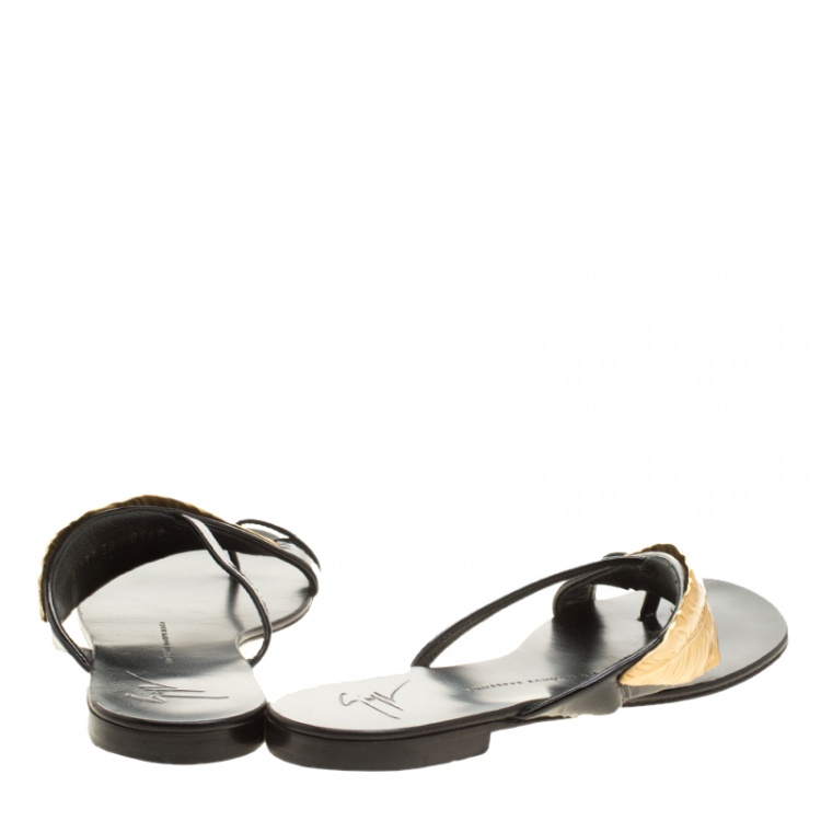 Pre Owned Giuseppe Zanotti Black Patent Leather Gold Leaf Accent Flat Sandals Size 38